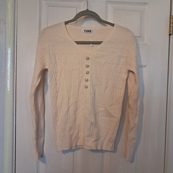 Sweaters - Yuna Cream Sweater with Pearl Button Detail
